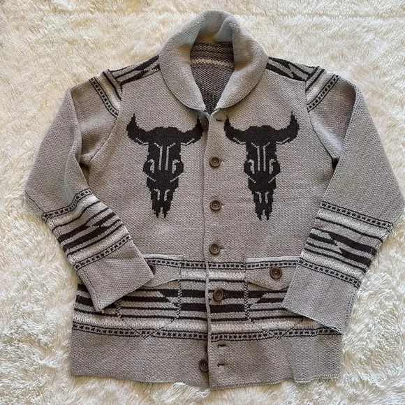 Western Bucking Bronc Rodeo Horse Cowichan Knit Traditional Button Front Sweater - Picture 4 of 10